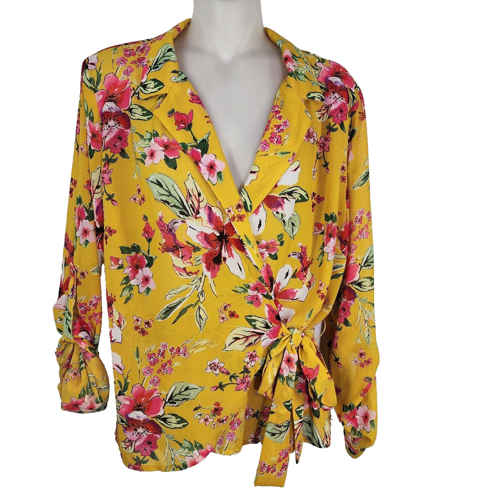 Kut From The Kloth Womens Blouse Large Floral Felicity Wrap Top Tie Waist Yellow